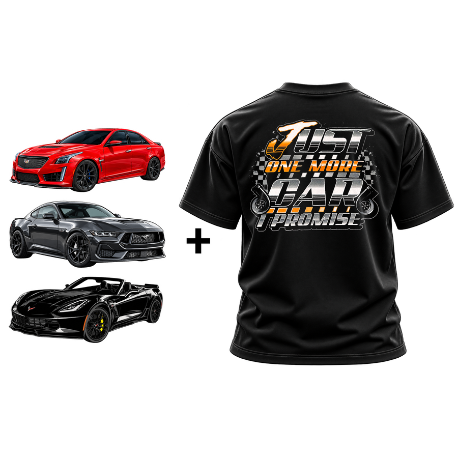 Just One More Car I Promise Black Shirt & Triple Decal package Bundle (Youth)